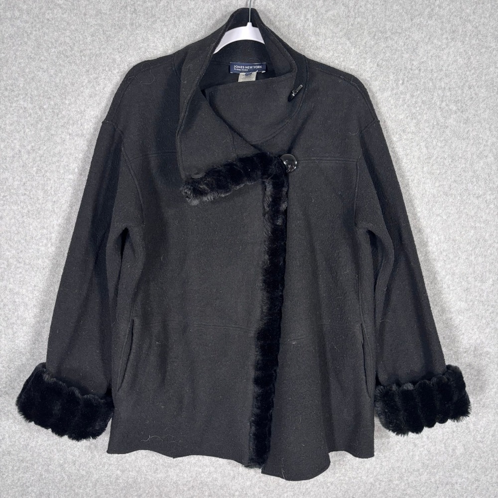 Jones New York Signature Faux Fur Trim Wool Coat Medium Asymmetrical Funnel Cowl
